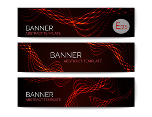 Set of 3 abstract banners. Dark template with abstract shiny wave. Vector banner.