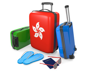 Travel luggage items and accessories for a vacation to or from Hong Kong, 3D rendering