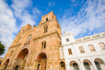 Fototapeta na wymiar Cuenca, Ecuador - April 22, 2015: Spectacular main cathedral located in the heart of city, beautiful brick architecture and facade as seen from street level
