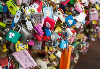 Fototapeta na wymiar Love padlocks at N Seoul Tower