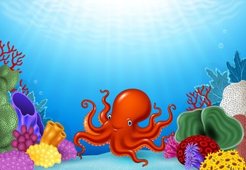 Fototapeta na wymiar Cartoon Octopus with Coral Reef Underwater in Ocean