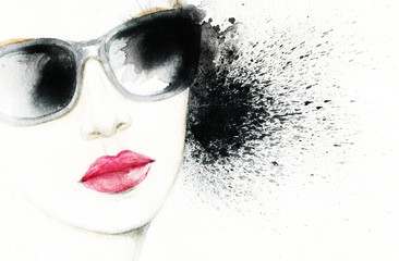 Woman with glasses.watercolor fashion illustration