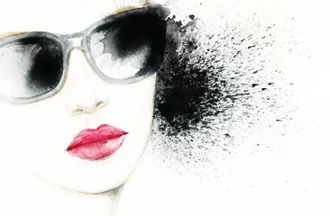 Stickers pour porte Visage aquarelle Femme avec des lunettes. illustration de mode aquarelle
