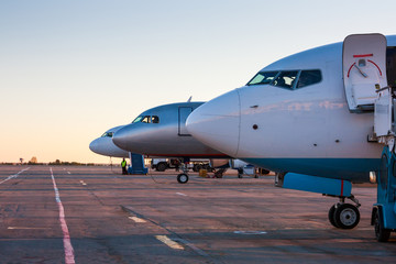 Aircraft noses in the morning the airport apron