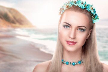 Charming girl with an angelic face and a beautiful  accessories jewelry crown flower tiara,...