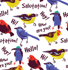Bright birds greetings seamless pattern wallpaper. 