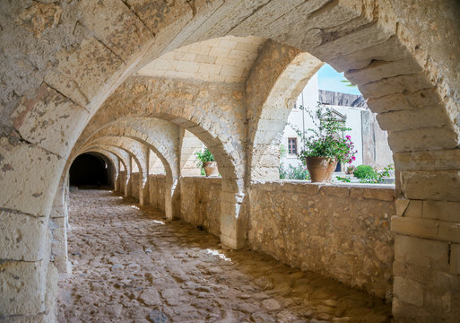 Arkadi monastery stone archway, Crete, Greece.
