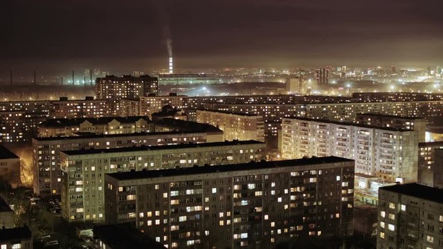 City Buildings at Night, Residential Houses, Time Lapse. Russia, Novosibirsk