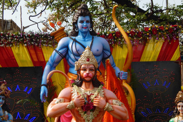 Fototapeta View of Hindu gods Hanuman and Rama in a temporary pandal during Hanuman Jayanti festival  obraz
