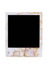 One single damaged stained grunge distressed vintage old polaroid photo print frame isolated on white background