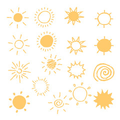 Set of hand-drawn sun icons.