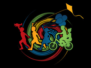 Children running, Friendship on spin wheel background graphic 