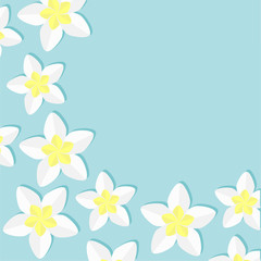 Fototapeta na wymiar Plumeria Tropical flower icon set. Frangipani Hawaii, Bali plant Flower frame corner. Blue background. Flat design