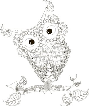 Zentangle stylized owl black and white hand drawn, vector illustration