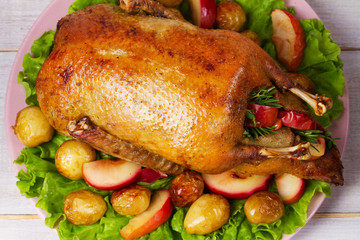 Roast duck with potato, apples, salad, thyme and rosemary. View From Above, Top Studio Shot