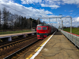 Old russian train on the train station Vostryakovo, Moscow region