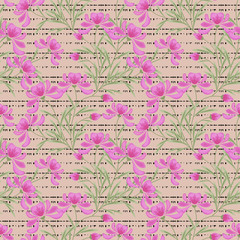 Seamless pattern with pink  flowers  beige striped background
