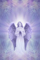 Guardian Angel on Ethereal lilac blue  background - praying angel with white aura  around head on an intricate blue lilac energy field background with copy space
