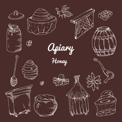 Set of honey elements. Apiary icons for your design. Vector sketches, sweet natural food