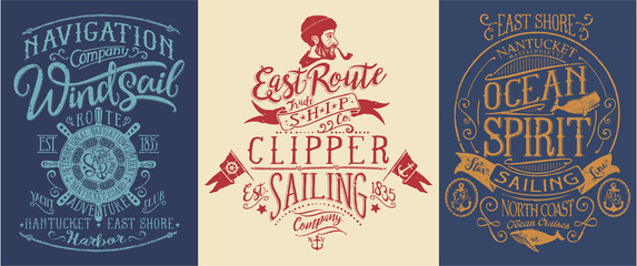 Vintage nautical and sailing graphics for t shirt  - obrazy, fototapety, plakaty