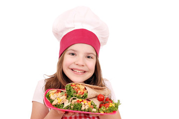 Happy little girl cook with burritos fast food