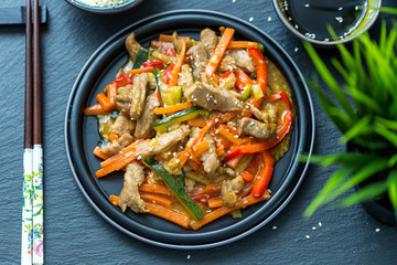Chinese Cuisine - Pork with Vegetables Deep Fried in Sour-Sweet Sauce, Top View