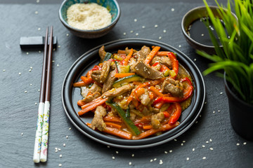Chinese Cuisine - Pork with Vegetables Deep Fried in Sour-Sweet Sauce, Top View