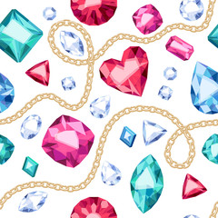Golden chains colorful gemstones pattern.