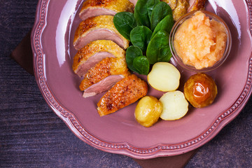 Spiced slow roast duck, apple sauce, spinach and potato, served on pink plate. View from above, top studio shot