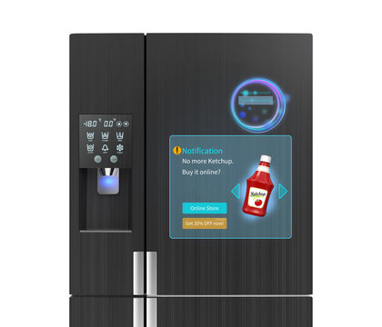 Smart refrigerator concept. The screen on the door displaying push information, for example "no ketchup", user can buy online just touch button on the door. 3D rendering image.
