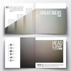 Vector set of square design brochure template. Abstract blurred background, modern stylish dark vector texture