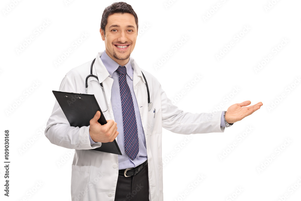 Sticker cheerful doctor gesturing with hand