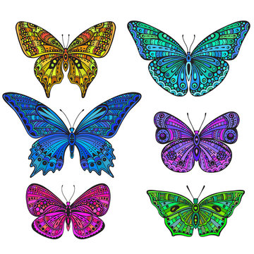 Set of six ornate doodle butterflies isolated on white background