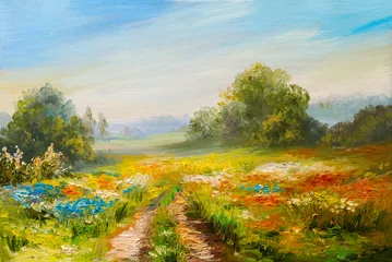Poster landschap met olieverf, kleurrijk bloemenveld, abstract impressionisme © Fresh Stock