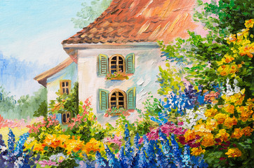 Obraz premium oil painting landscape, house in the flower garden, abstract impressionism