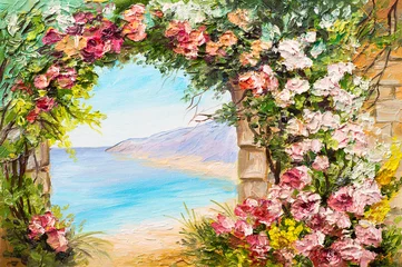 Poster Landschap met olieverfschilderij - boog bij de zee, bloemen © Fresh Stock