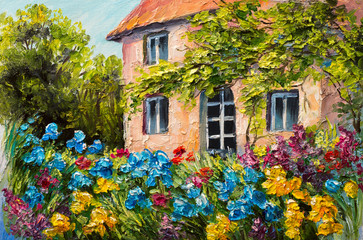 oil painting landscape, house in the flower garden, abstract  impressionism - 109030592