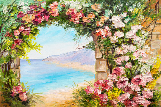 Oil painting landscape - arch near the sea, flowers