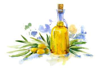 Green olive branch and olive oil in the glass bottle.Food picture.Watercolor hand drawn illustration.