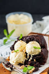 Healthy Vegan Chocolate Loaf (Cake) with Vanilla Ice-Cream Scoops, Walnut Pieces and Mint on Dark Grey Background