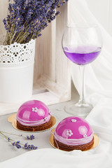Lavender french mousse cakes with pink mirror glaze
