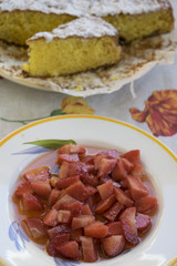 chopped strawberries and sponge cake