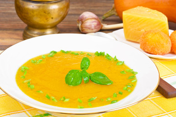 Pumpkin Soup with Basil, Green Onions, Cheese Balls