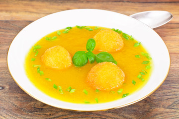 Pumpkin Soup with Basil, Green Onions, Cheese Balls