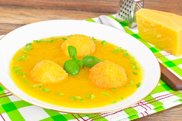 Pumpkin Soup with Basil, Green Onions, Cheese Balls