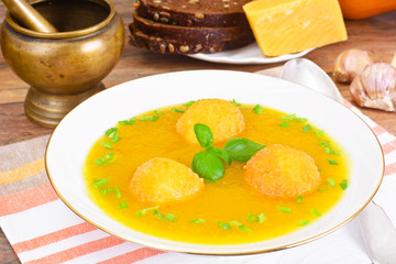 Pumpkin Soup with Basil, Green Onions, Cheese Balls