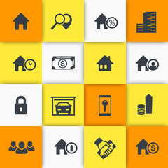 Real estate icons, house sale, search, real estate signs, apartments, homes for rent, vector illustration