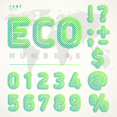 Striped ECO alphabet. Roundish numbers with slanted green lines. Best to use for eco posters, bio labels, in presentations numerals and symbols for infographics. Vector illustration.