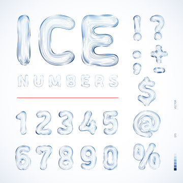Alphabet Ice. Translucent symbols, numbers in the form of a color pattern and ice patterns. Best for use in posters, cards, headlines and web design Vector illustration