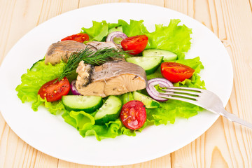 Fototapeta na wymiar Salad with Lettuce, Tomatoes, Cucumbers and Canned Tuna